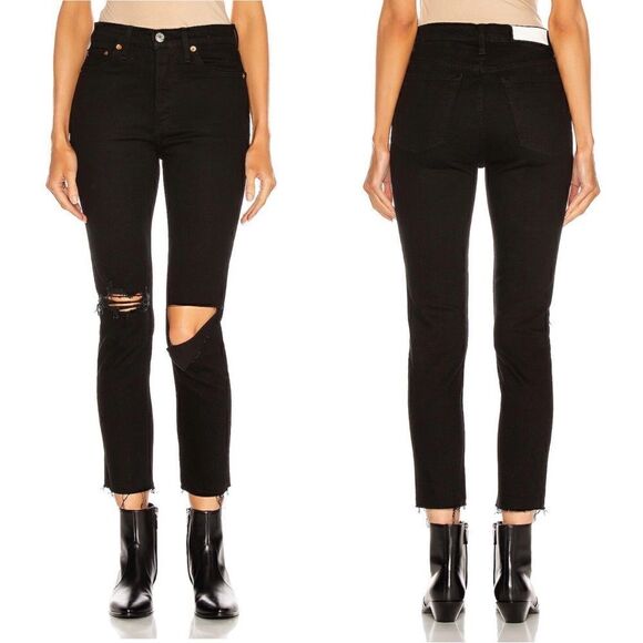 Re/Done 90’s High Rise Ankle Crop in Jet Black with Rips Size 25 - Picture 2 of 12